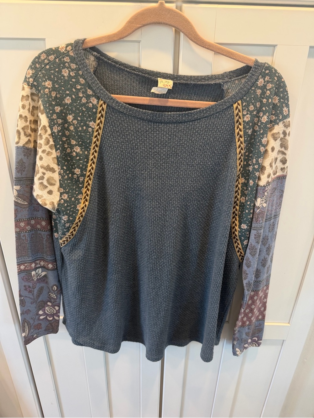 Size-Med Boho Blue Mixed Sleeve Women's Top